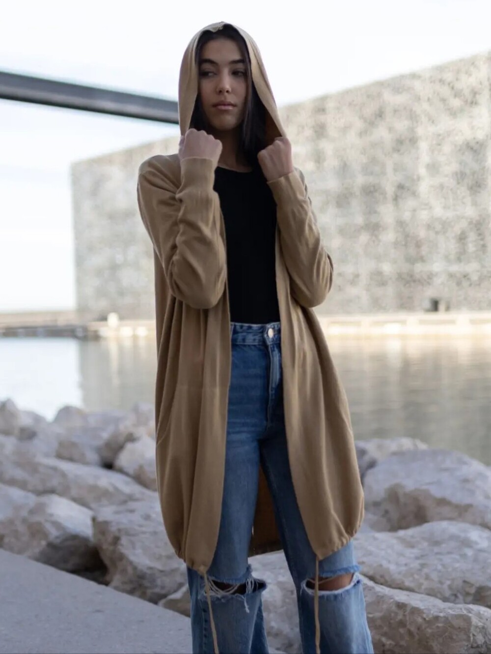 NWT Cecile Wang France Hooded Camel Sweater